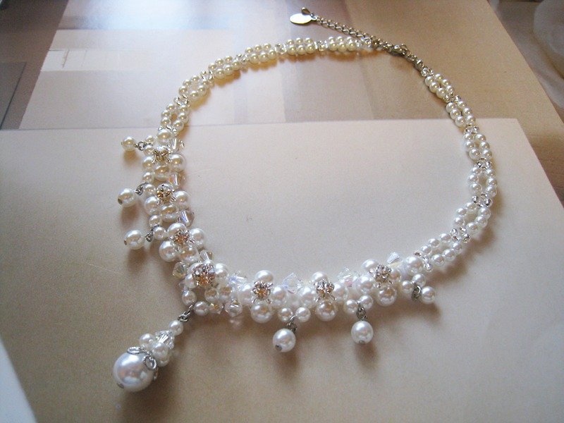 Silky Pearl & Swarovski Crystal Choker＜JAG:White＞Bridal* - 項鍊 - 玻璃 白色