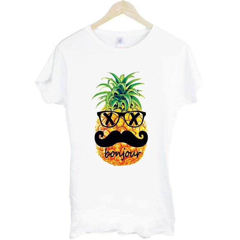 Pineapple-bonjour女生短袖T恤-白色 鳳梨 你好 法文 鬍子 食物 設計 自創 品牌 文青 - 女 T 恤 - 棉．麻 白色