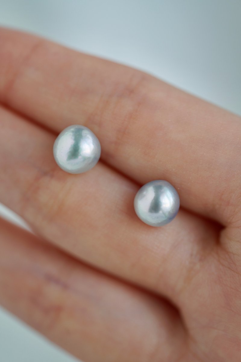 Uncolored baroque Akoya pearl single pearl earrings, natural gray 8mm uncolored amaranth color akoya pearl earrings, earrings, earrings without earrings, Baroque style, natural silver blue - ต่างหู - ไข่มุก สีเทา