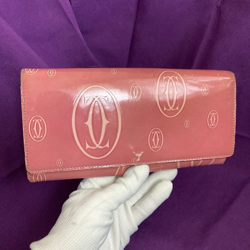 Cartier Cartier pink peach bright leather classic old flower logo antique wallet vintage - Wallets - Genuine Leather Pink