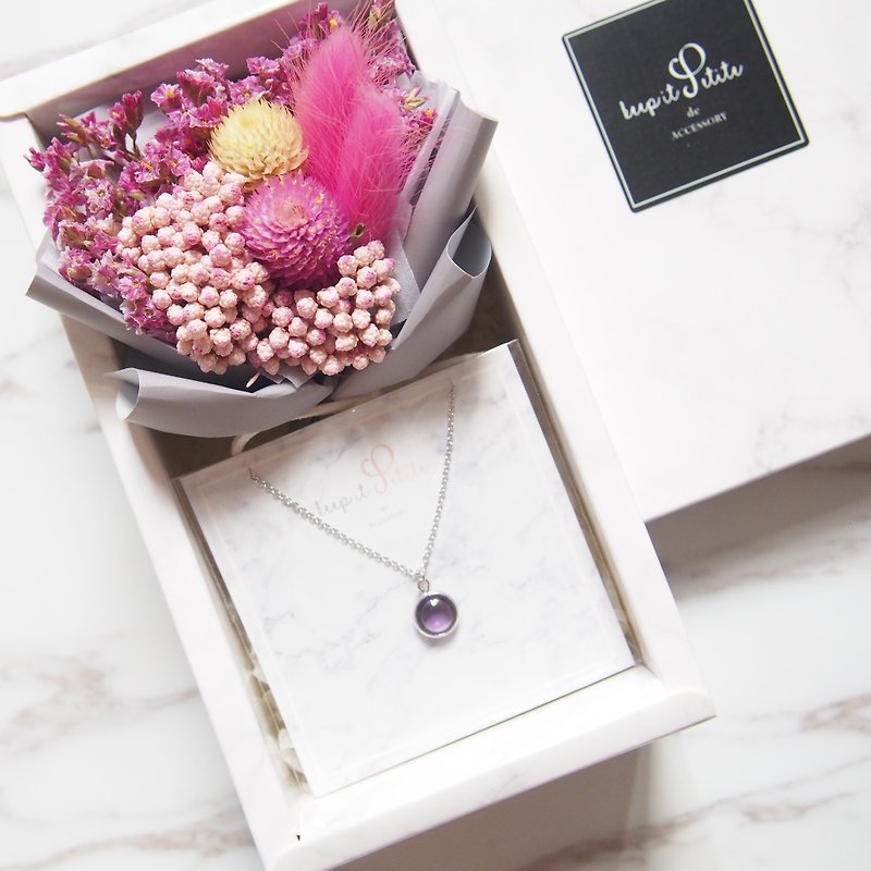 [Cloud Stone Gift Box Set - Necklace] Amaranth Bouquet of Purple Rabbits + Purple Round Stone Necklace - Necklaces - Other Materials Pink
