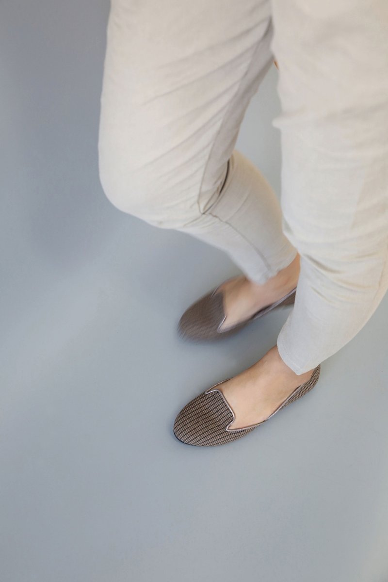 Grid Flats (flat bottom) British style | WL - Women's Oxford Shoes - Cotton & Hemp Khaki