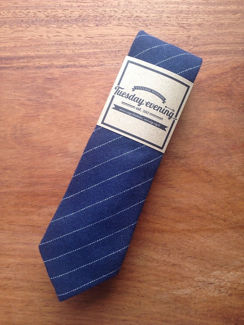 Necktie Navy Blue Stripe - 領帶/領帶夾 - 棉．麻 藍色