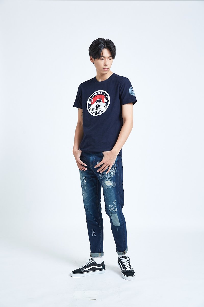 Edo wins Japanese crowd-printed tapered denim trousers-neutral (yeast washed blue) #pants#denim - กางเกงขายาว - ผ้าฝ้าย/ผ้าลินิน สีน้ำเงิน