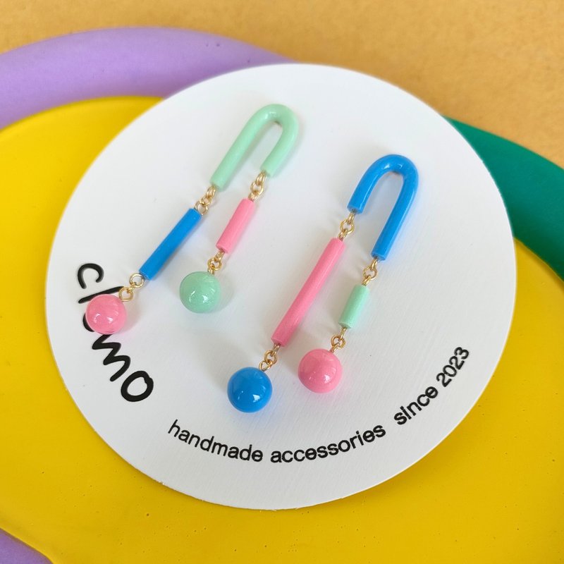 n字圓珠 3色粉彩【耳環】 - 耳環/耳夾 - 其他材質 多色