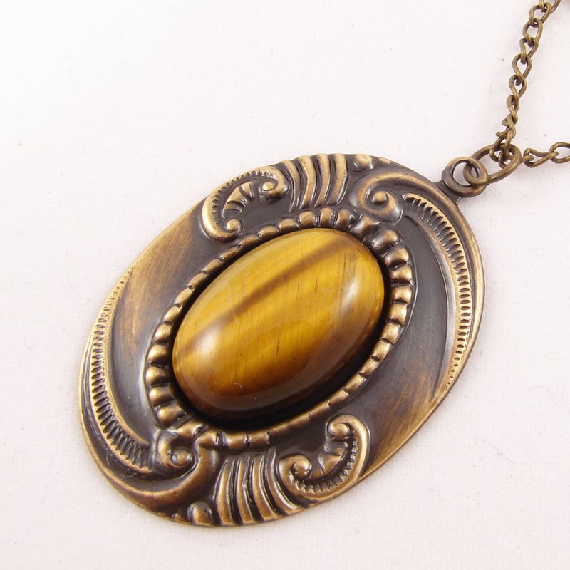 Tiger Eye Cat Eye Necklace Brown Yellow Stone Brass Pendant Necklace Jewelry - สร้อยคอ - เครื่องประดับพลอย สีนำ้ตาล