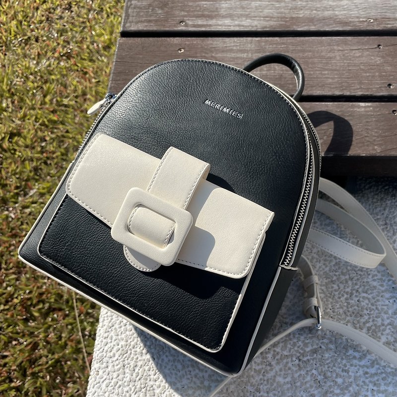 MERIMIES Black and White Color Combination | Backpack Backpack - กระเป๋าเป้สะพายหลัง - หนังเทียม สีดำ