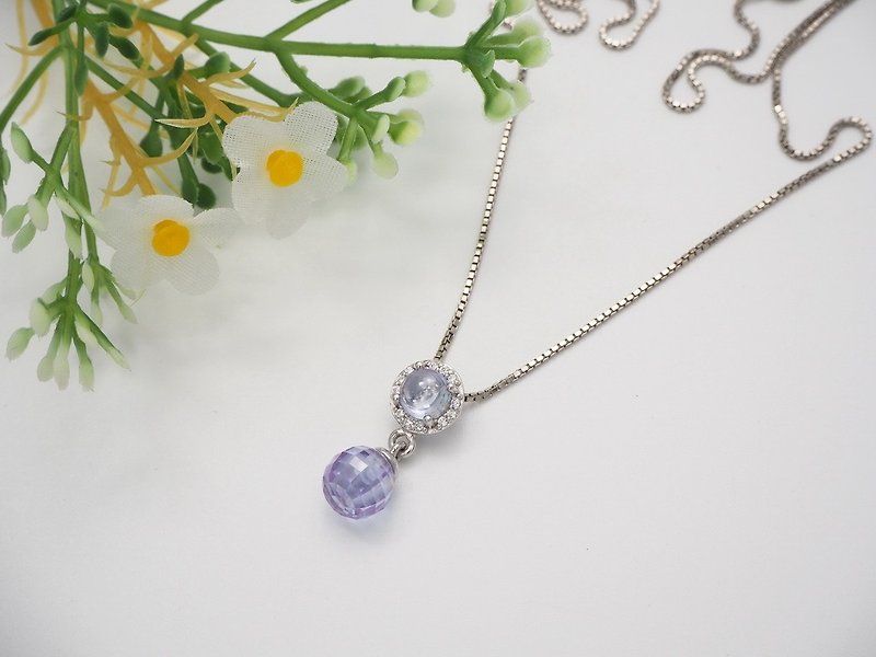 Silver 925 setting Lavender Cabochon+Briolette ball Pendant on Italian box chain - Necklaces - Sterling Silver Pink