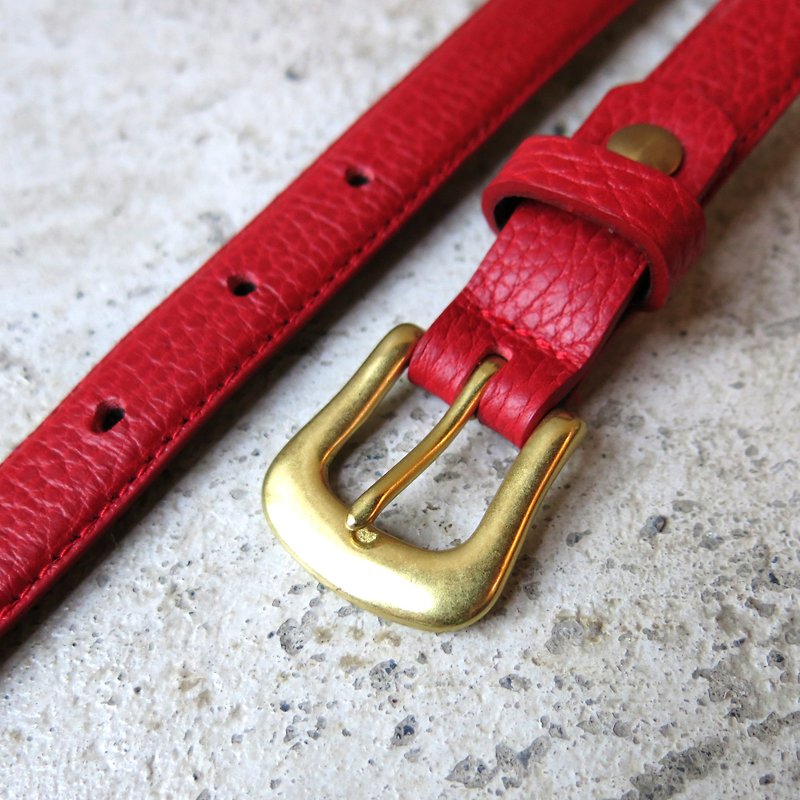 2cm wide and thin horseshoe belt-red lychee pattern Italian fine leather [LBT Pro] - เข็มขัด - หนังแท้ สีแดง