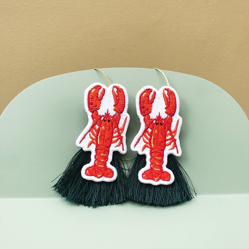 Lobster patch with dark green tassel Earrings - Earrings & Clip-ons - Polyester Red