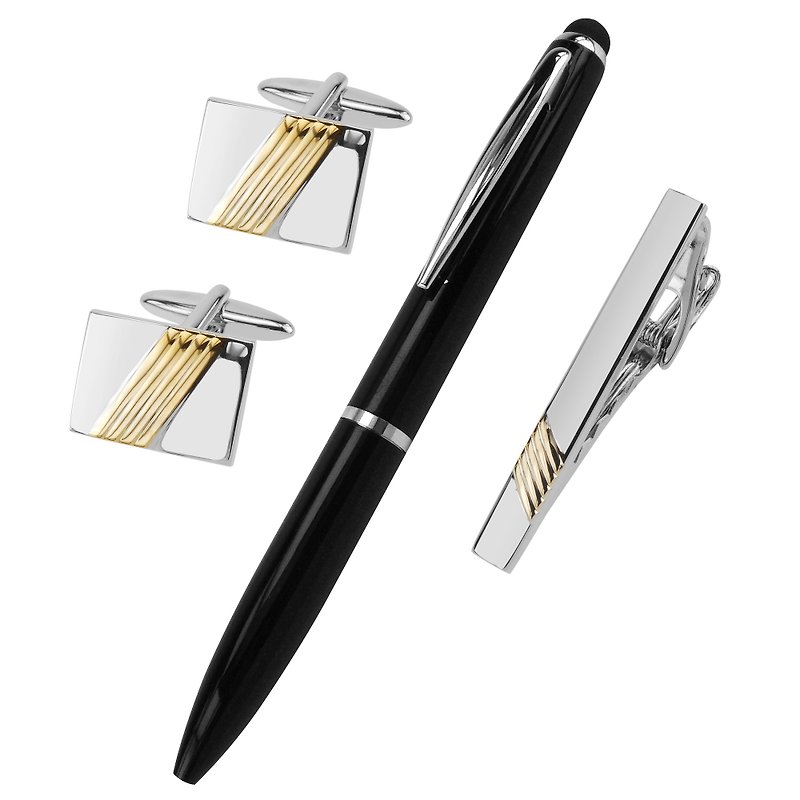 Silver and Gold Repp Stripe Cufflinks Tie Clip and Pen Set - Cuff Links - Other Metals Silver