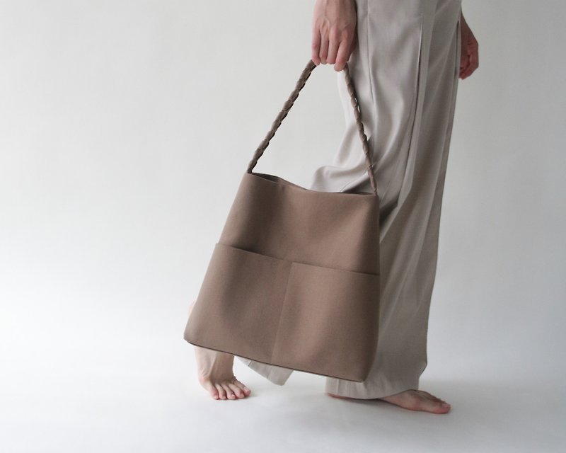 Woven Canvas Shoulder Tote Bag - Khaki - Handbags & Totes - Cotton & Hemp Khaki