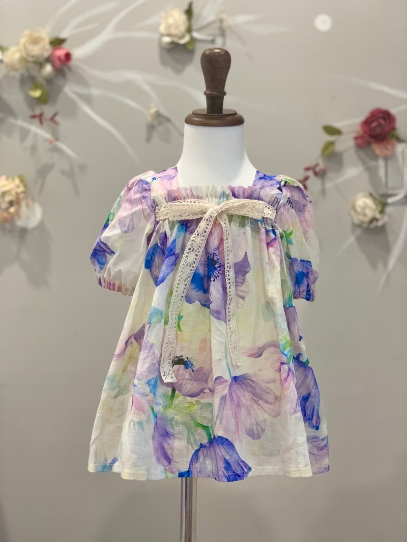 手作童裝 荷葉方領洋裝 紫色 - 女童洋裝/裙子 - 棉．麻 紫色