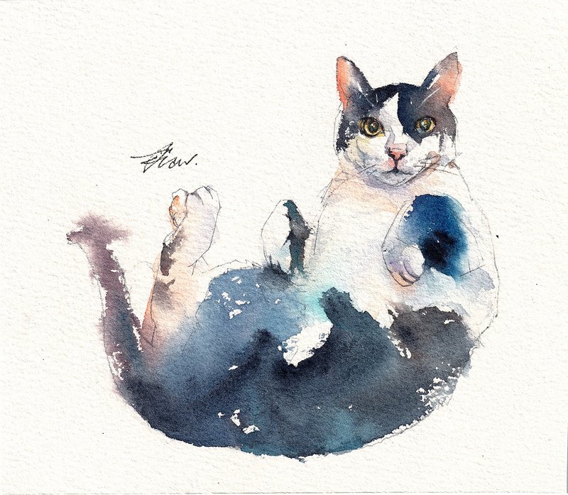 Original watercolor painting [Cradle Meow] - Wall Décor - Paper Multicolor