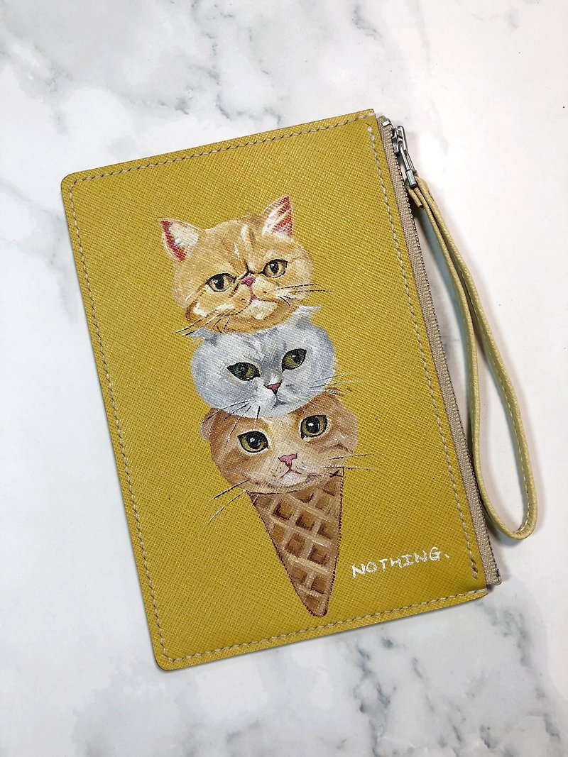Hand-painted pattern ice cream cat leather coin purse | mobile phone bag | small wallet | clutch bag - กระเป๋าคลัทช์ - หนังแท้ สีเหลือง