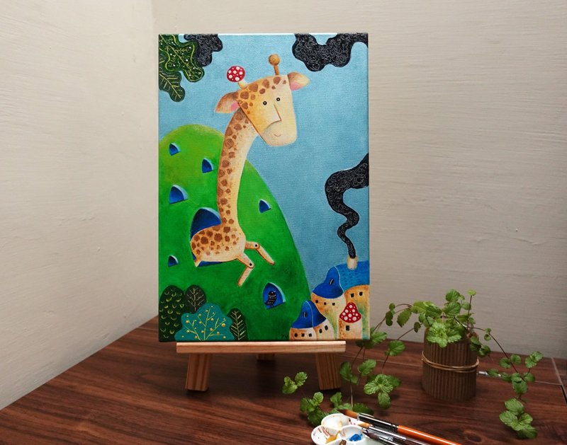 Giraffe frameless painting/hand-painted with Acrylic paint/childlike home decoration - โปสเตอร์ - วัสดุอื่นๆ สีเขียว