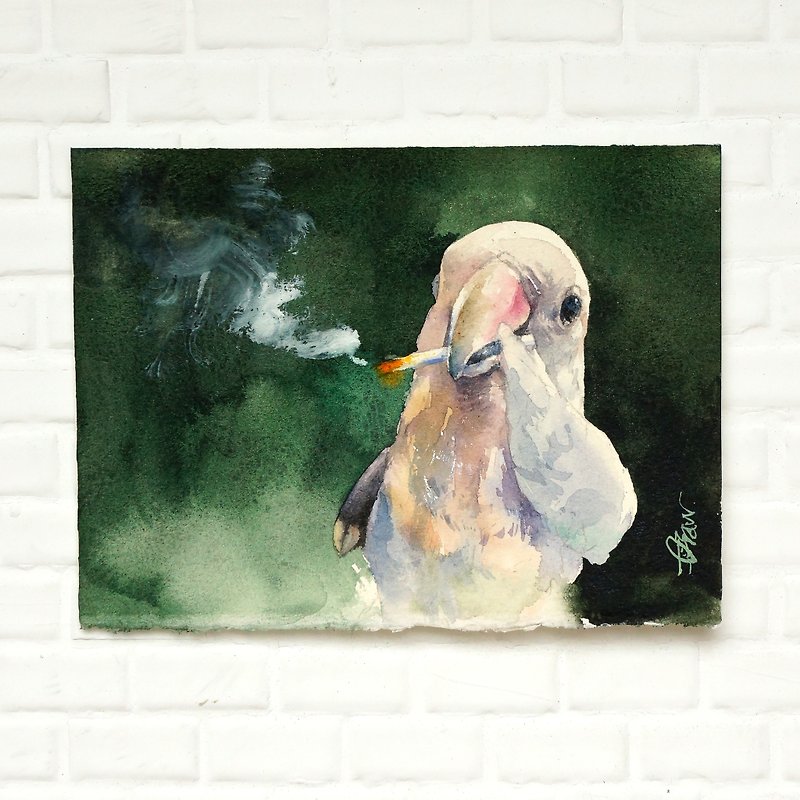Watercolor original painting [bird of smoke bird] - โปสเตอร์ - กระดาษ สีเขียว