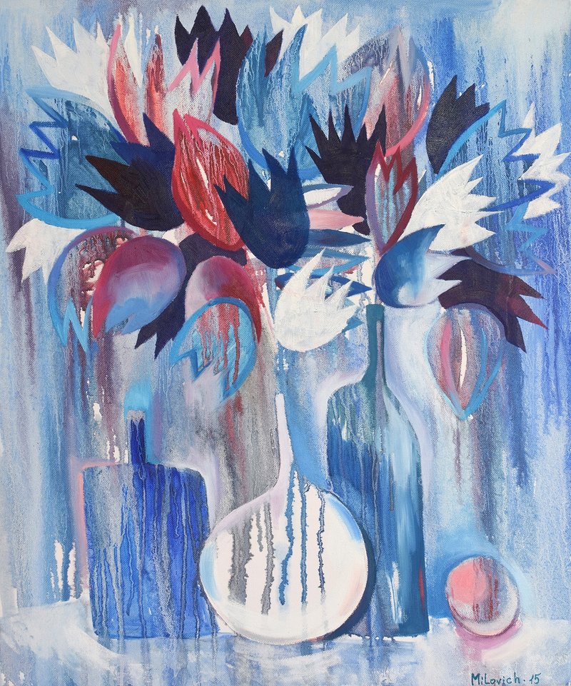 Blue Still Life, Flowers - original painting, artwork, wall art - 海報/掛畫/掛布 - 顏料 藍色