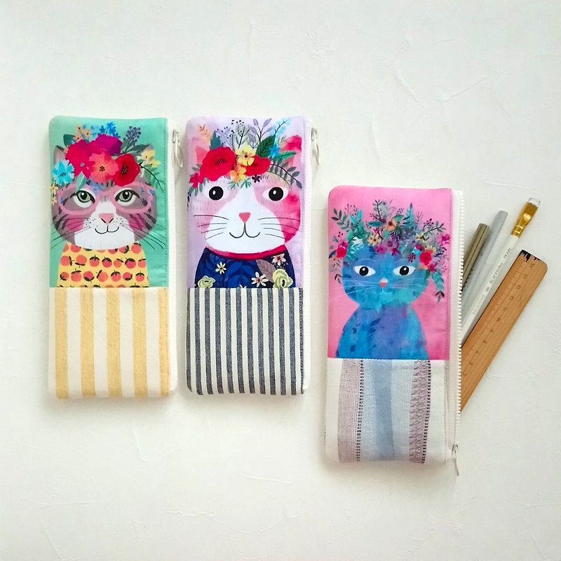 [FPN/Flat Long Pencil Case] ​​Flower Cat Gray Cat Pink Cat Blue Cat Japan’s First Dyeing Fabric - กล่องดินสอ/ถุงดินสอ - ผ้าฝ้าย/ผ้าลินิน หลากหลายสี