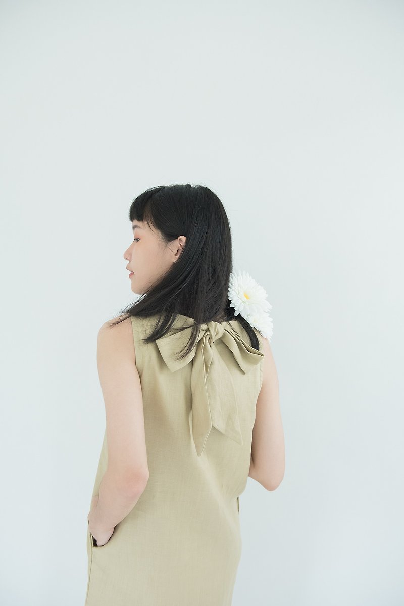 Sand Big Bow Linen Dress - One Piece Dresses - Linen Khaki