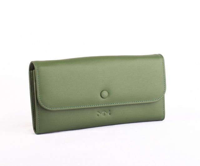 Lily.- Leather long wallet with crossbody strap in Olive green