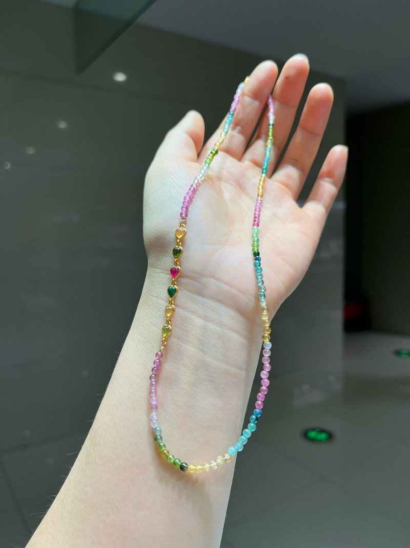 3mm天然原礦 彩虹碧璽 古法銀碧璽愛心鏈接設計項鍊多圈手串s - 項鍊 - 寶石 紅色