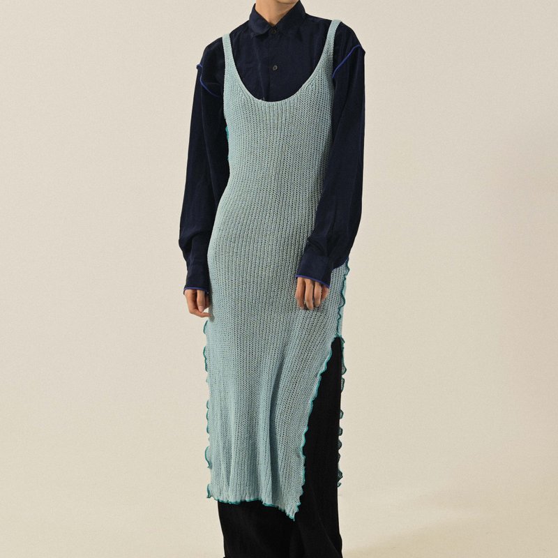 【NaSuBi Vintage】Upcycling knitted long vintage dress - One Piece Dresses - Other Man-Made Fibers Blue