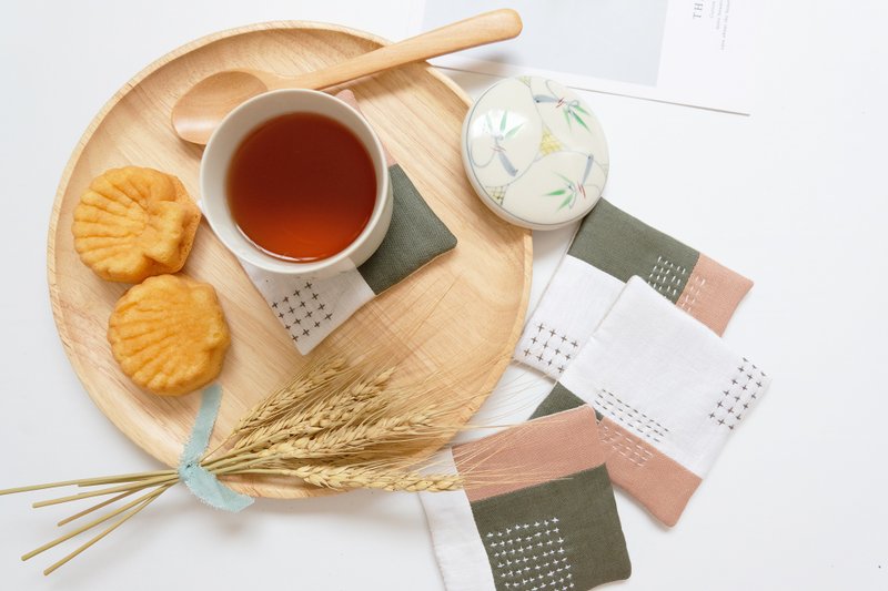 Little Things Coaster Set 008 - Olive Peach (4 Pieces /Set ) - 杯墊 - 棉．麻 粉紅色