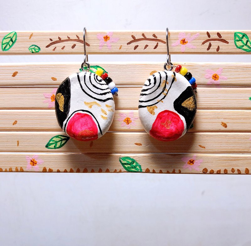 抽象手繪風 手作黏土耳環 手繪捏製 不銹鋼 吊墜款 - 耳環/耳夾/耳骨夾 - 黏土 黑色