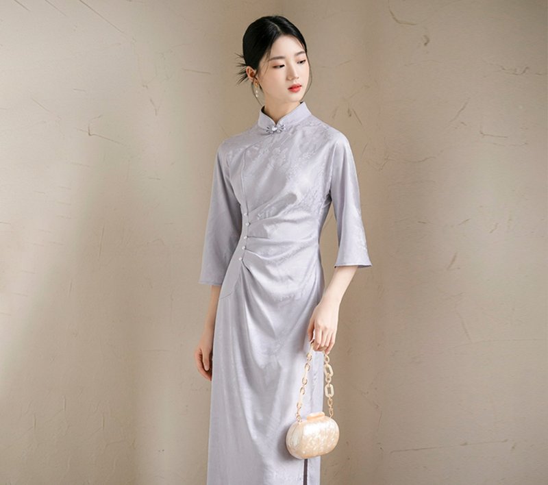 New Chinese style improved cheongsam waisted Chinese style dress - One Piece Dresses - Silk Blue