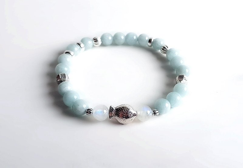 Gemstones ‧ Fishy Natural Minerals Aquamarine Moonstone 925 Sterling Silver ‧ Br - Bracelets - Gemstone Blue