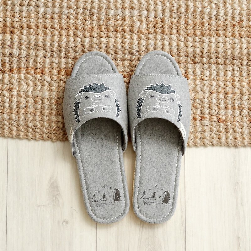 Organic Cotton Embroidered Indoor Slippers (Sequin Hedgehog) Sequin Grey / Valentine's Day Gift - รองเท้าแตะในบ้าน - ผ้าฝ้าย/ผ้าลินิน สีเทา