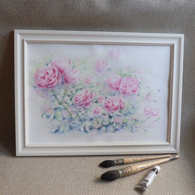 Watercolor original pink rose / hand-painted original watercolor / framed - โปสเตอร์ - กระดาษ 