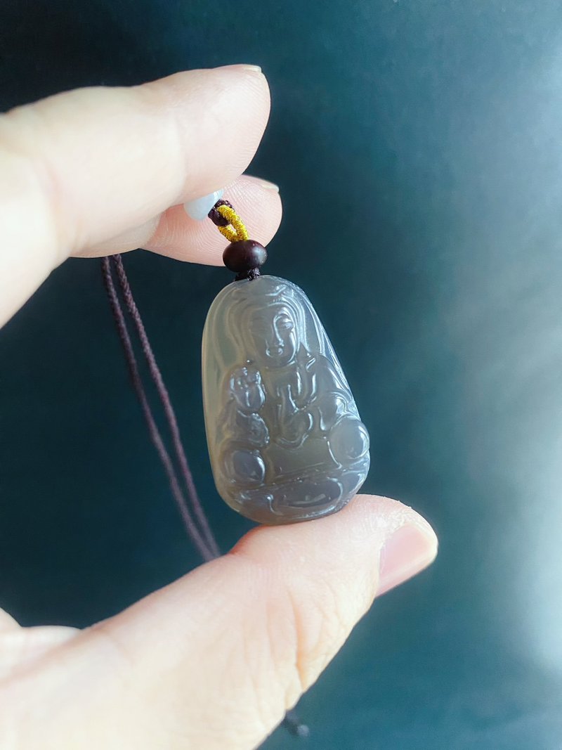 大慈大悲 天然 翡翠 瑪瑙 觀世音菩薩 觀音 平安健康 項鍊 佛像 - 吊飾/掛飾 - 玉石 灰色