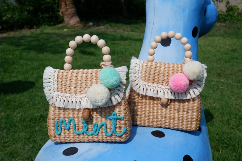 Personalized bag pompom bag Woven bag beach bag straw bag - Handbags & Totes - Plants & Flowers 