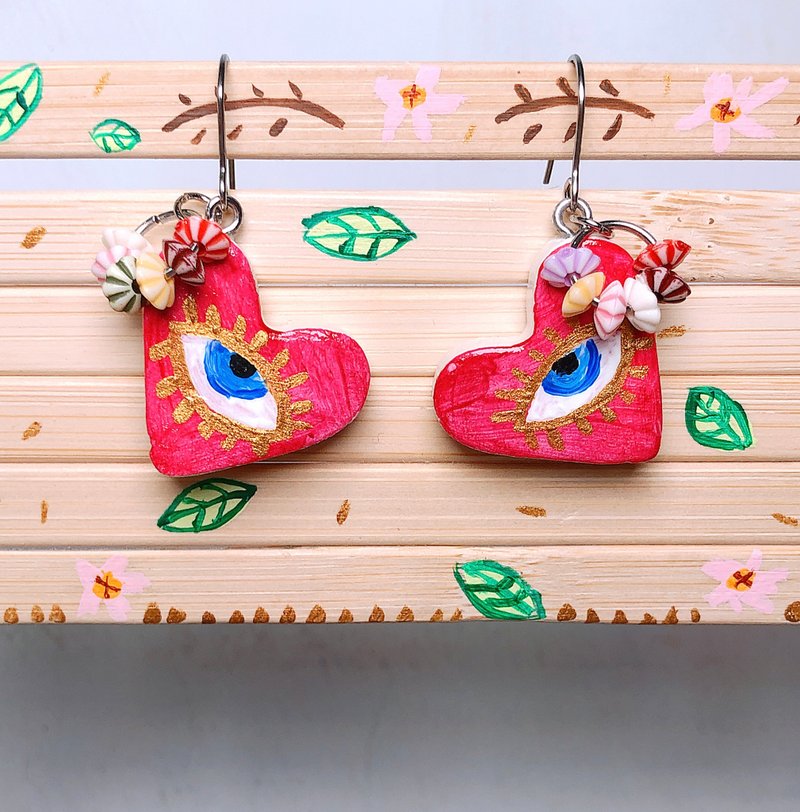 火紅眼睛 手作黏土耳環 手繪捏製 不銹鋼 吊墜款 - 耳環/耳夾/耳骨夾 - 黏土 紅色