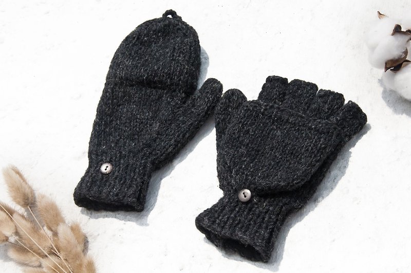 手織純羊毛針織手套/可拆卸手套/內刷毛手套/保暖手套-日本時尚黑 - 手套/手襪 - 羊毛 黑色