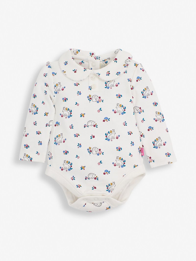 可愛兔寶寶印花  經典英倫 小圓領 女寶寶包屁衣 只剩唯一 - 嬰兒連身衣/包被/包巾 - 棉．麻 多色