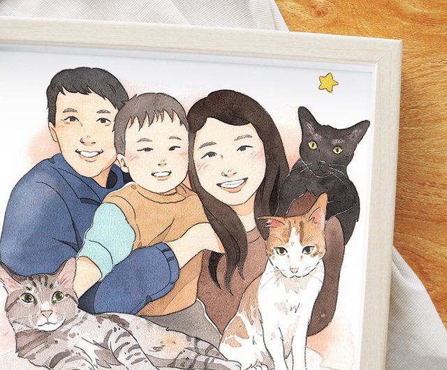 ペットイラスト】手描きイラスト｜猫と犬の家族写真｜あなたの大切な