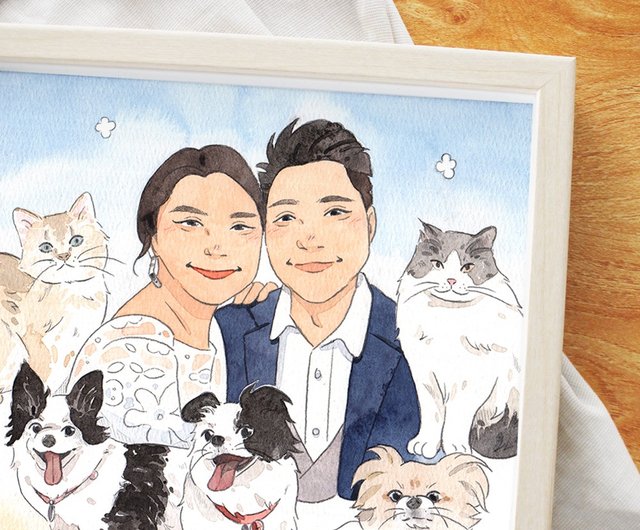 絵画（ペット／キャラクター／家族／風景など） ペットイラスト】手描きイラスト｜猫と犬の家族写真｜あなたの