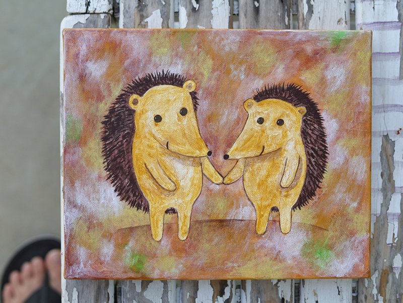 Original painting∣ Little Hedgehog Couple/Awesome opening gift - กรอบรูป - วัสดุอื่นๆ หลากหลายสี