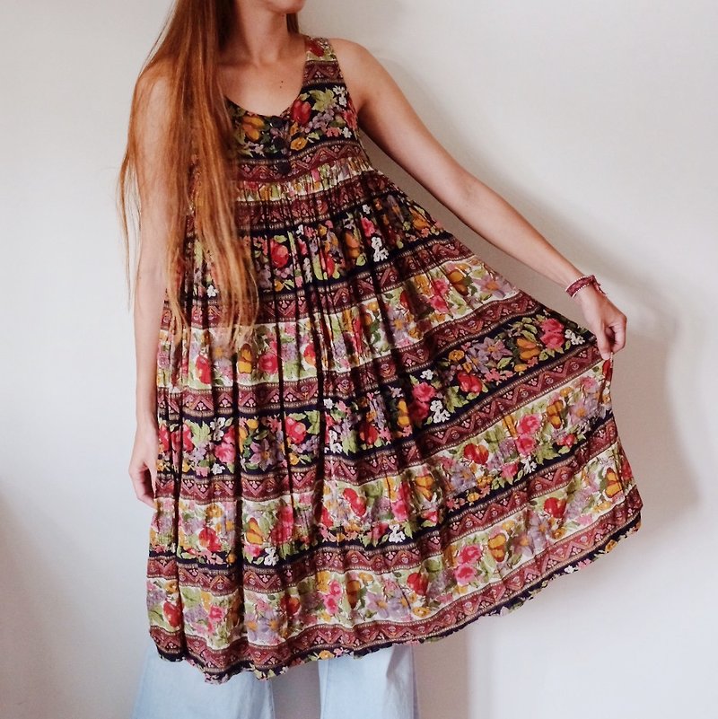 vintage Indian beautiful flowers hand stamped large skirt vest cotton dress - One Piece Dresses - Cotton & Hemp 