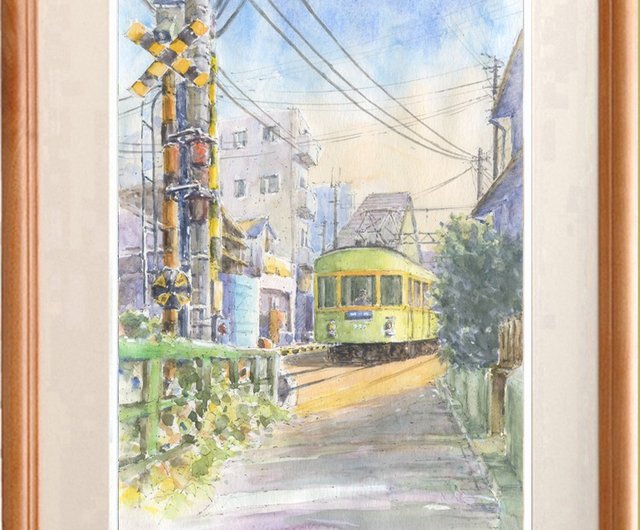 注文制作します 水彩画原画 江ノ電・鎌倉高校前駅踏切16（＃384) - 絵画