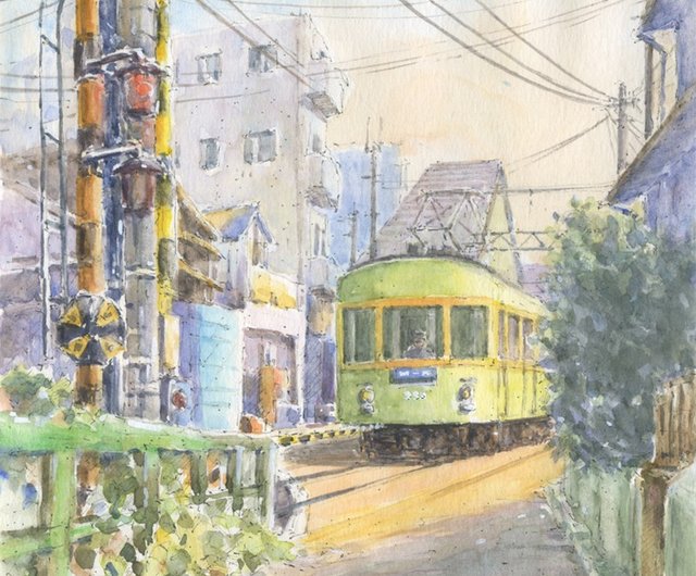 水彩画原画　江ノ電・江ノ島駅踏切