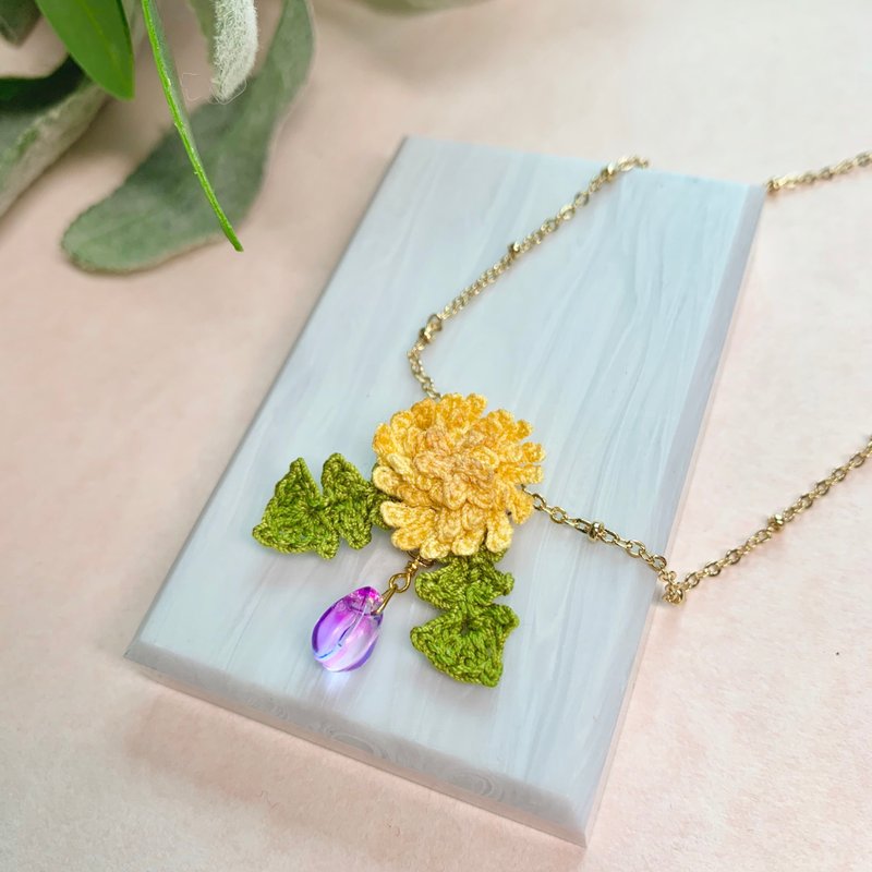 蒲公英 黃色小花葉 鉤花編織 頸鏈 日本水晶珠 Silver925 項鏈 - 頸鏈 - 棉．麻 黃色