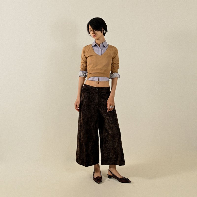 【NaSuBi Vintage】絨面面料七分古著寬褲 - 女長褲 - 其他人造纖維 咖啡色