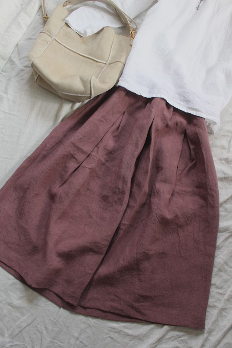 Autumn color arrival Thick Belgian Linen 100% tuck skirt * Azuki color - Skirts - Cotton & Hemp 