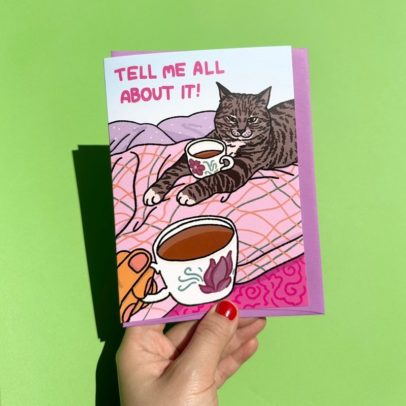 Greeting Card - Tell Me All About It Gossip Cat Tea Card - 卡片/明信片 - 紙 