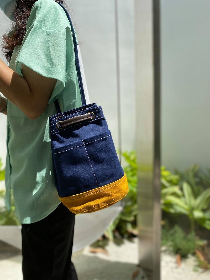 Mini Navy/mustard Canvas Bucket Bag with strap /Leather Handles /Daily use - Handbags & Totes - Cotton & Hemp Blue
