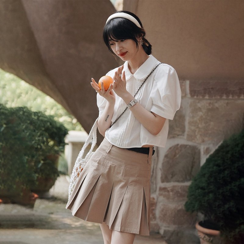 學院風百褶短裙|裙子|夏款|Sora-969 - 裙子/長裙 - 棉．麻 卡其色